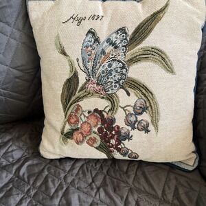 Tapestry Pillow 12" x 12" Butterfly Berries Leafy  Pillow‎ Decor.